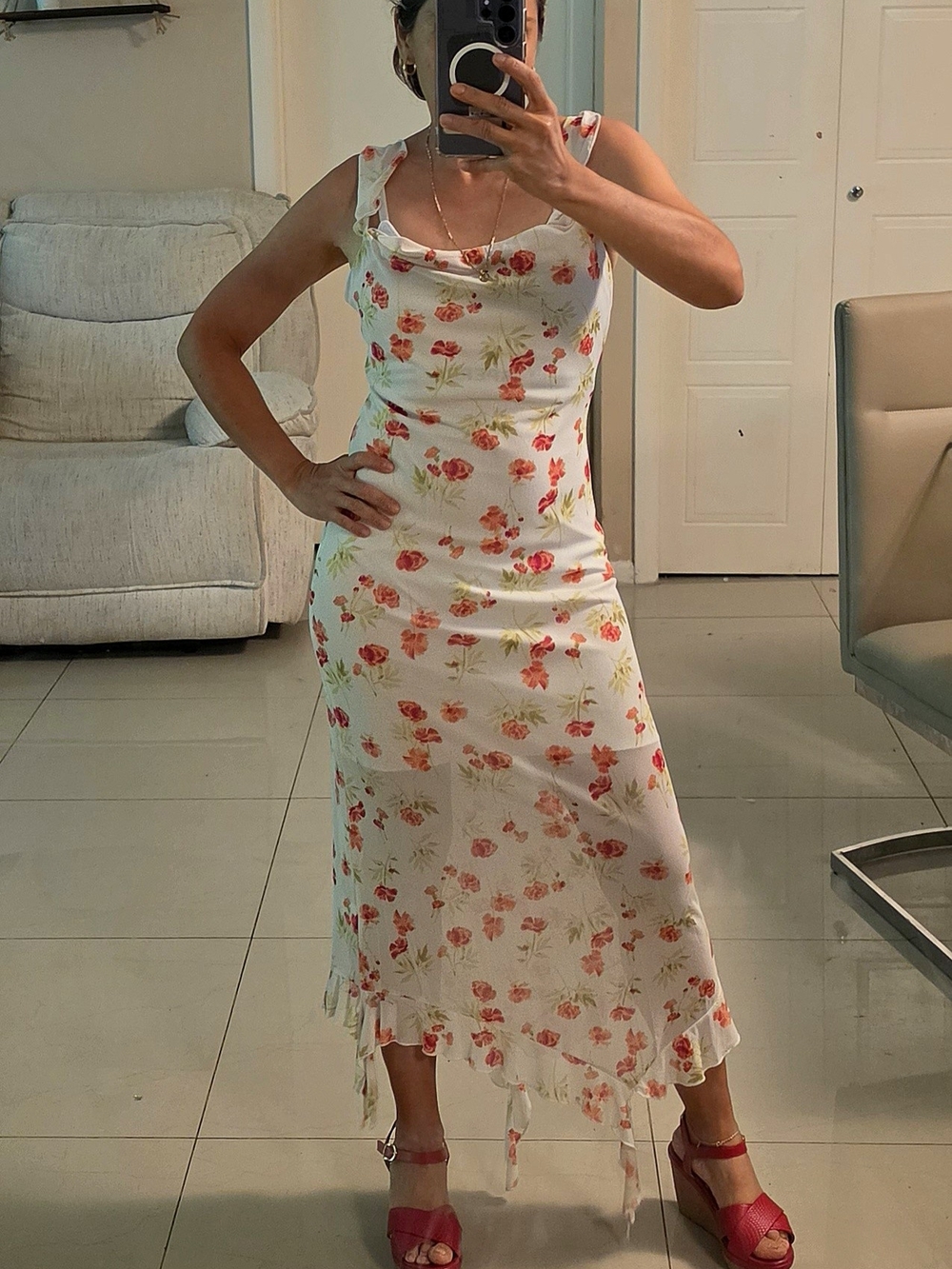 Floral White & Pink Slip Dress with Ruffled Hem